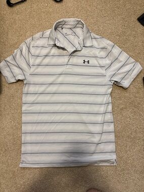 Under Armour Men’s White Polo with Navy Stripes